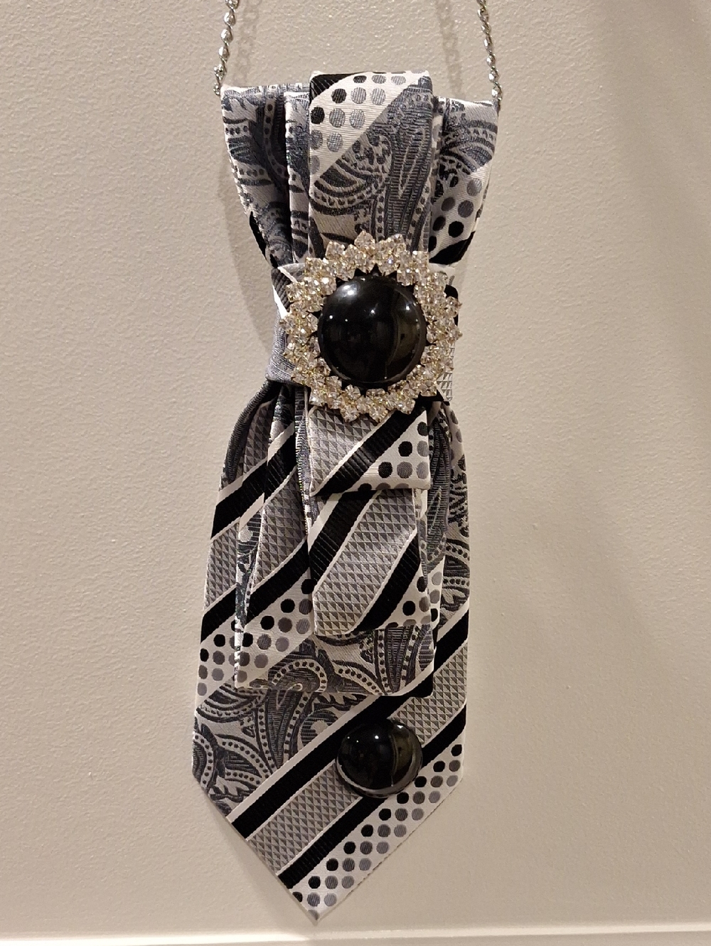 Black & White Paisley & Polka-a-Dot Necktie Necklace